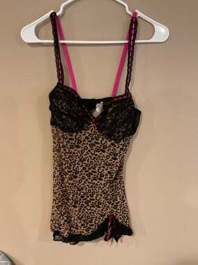 Vintage Rampage Leopard Print Lace Chemise Babydoll Lingerie with Pink Trim